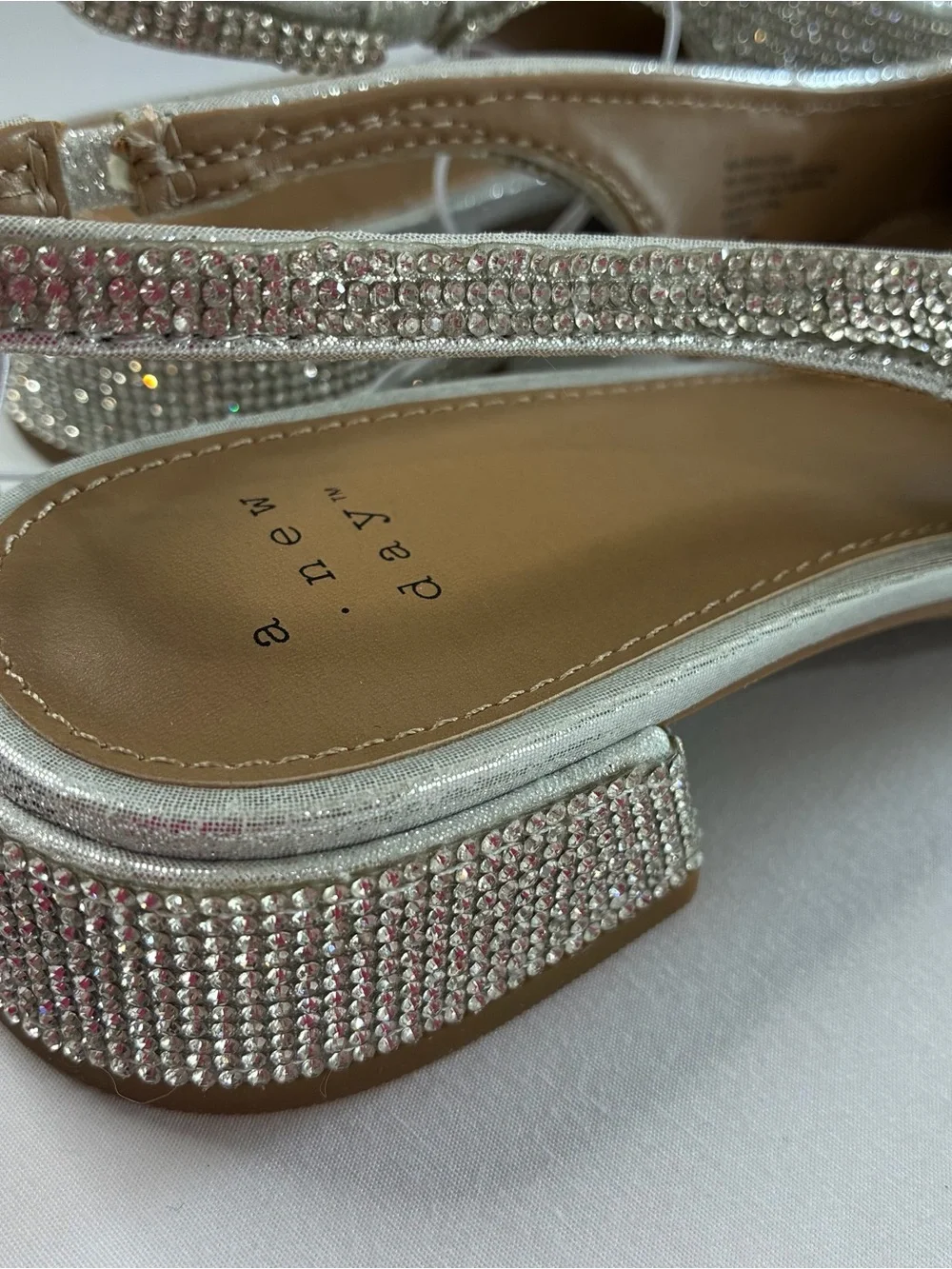 A New Day Elle Silver Rhinestone Slingback Pointed Toe Low Block Heels Size 7